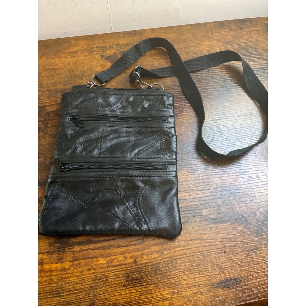 Vintage Black Patchwork Leather Crossbody Bag Multi Zipper Travel Purse